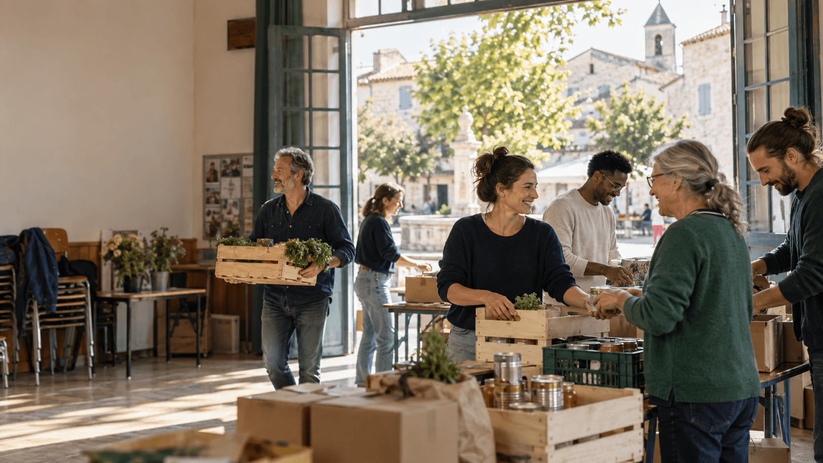 Des bénévoles préparent ensemble une action associative locale