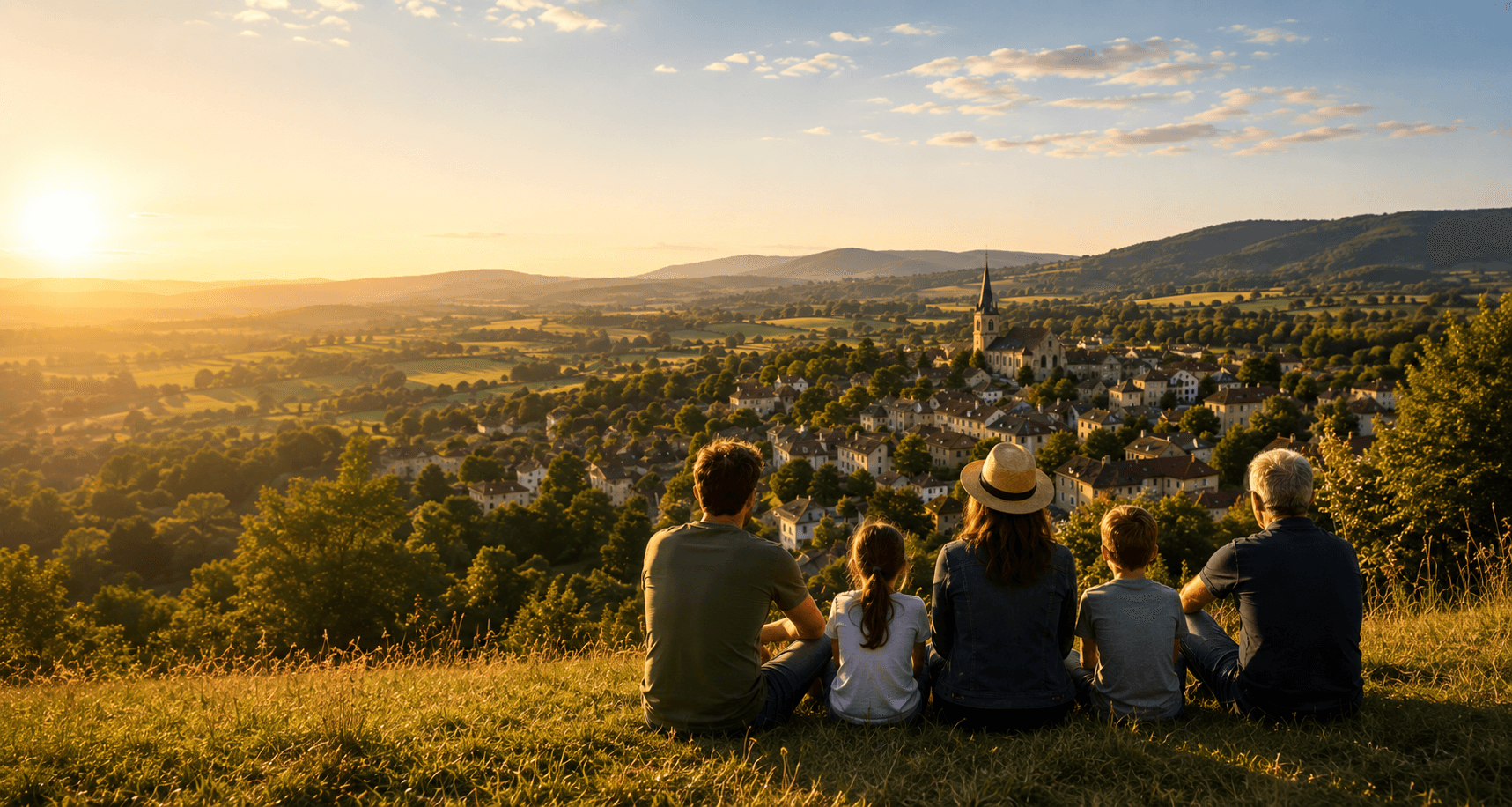 Famille contemplant un village français au coucher du soleil