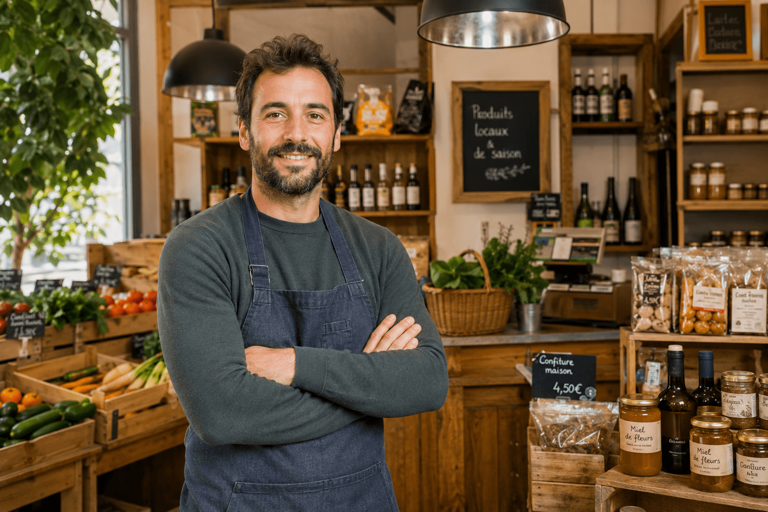 Commerçant dans son épicerie de produits locaux