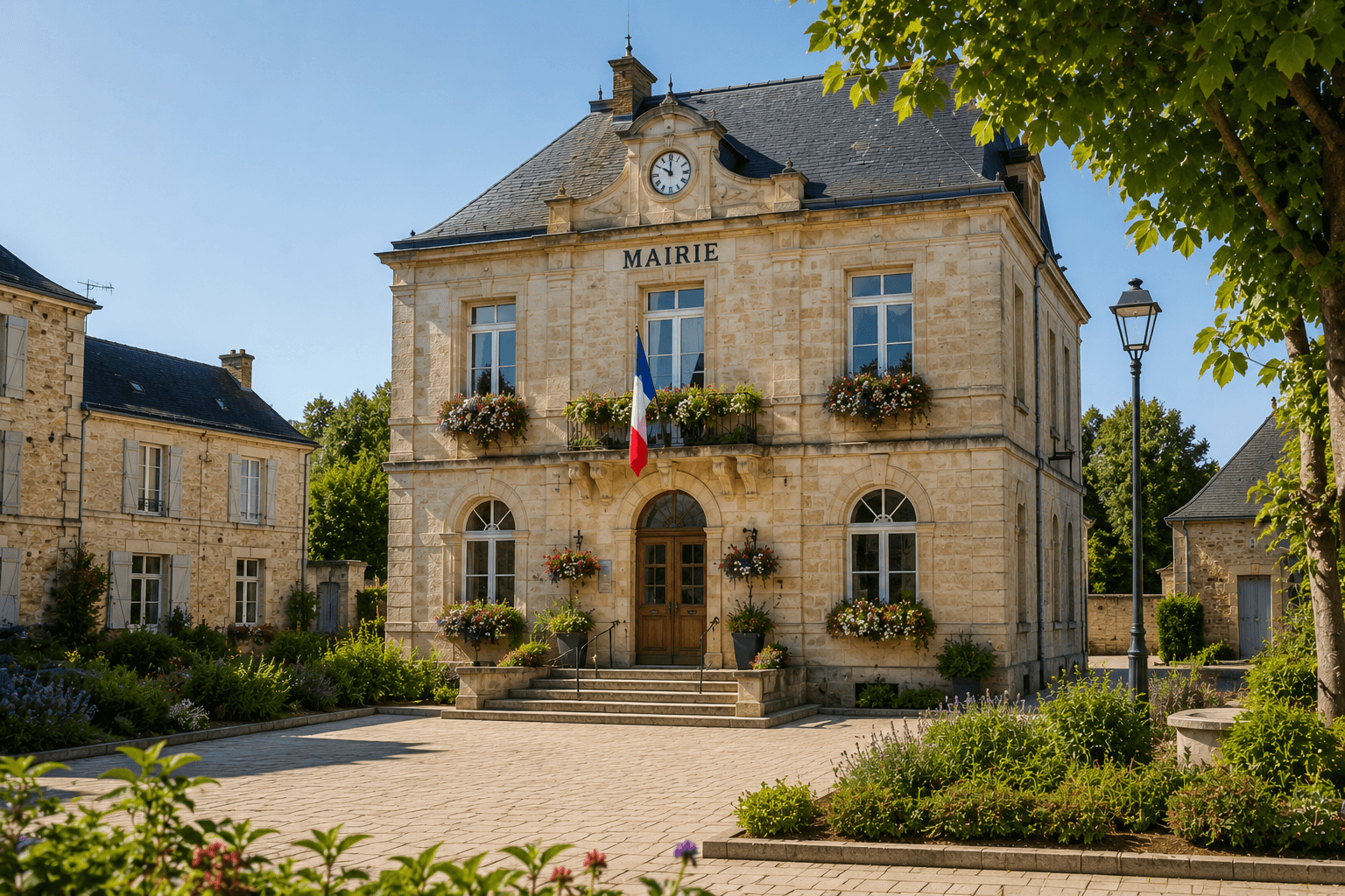 Mairie de village avec jardin fleuri
